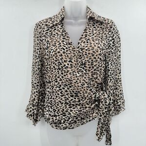 VTG Anne Carson Silk Animal Print Wrap Top Size S Brown Old Money Mob Wife